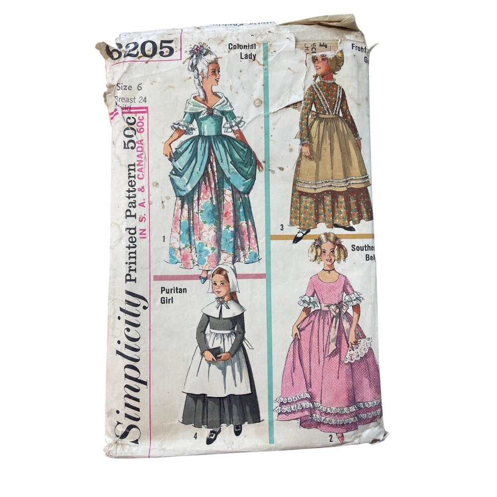 60s Simplicity 6205 Costume Pattern Size 6 Colonial Lady Puritan Belle 1965 CUT